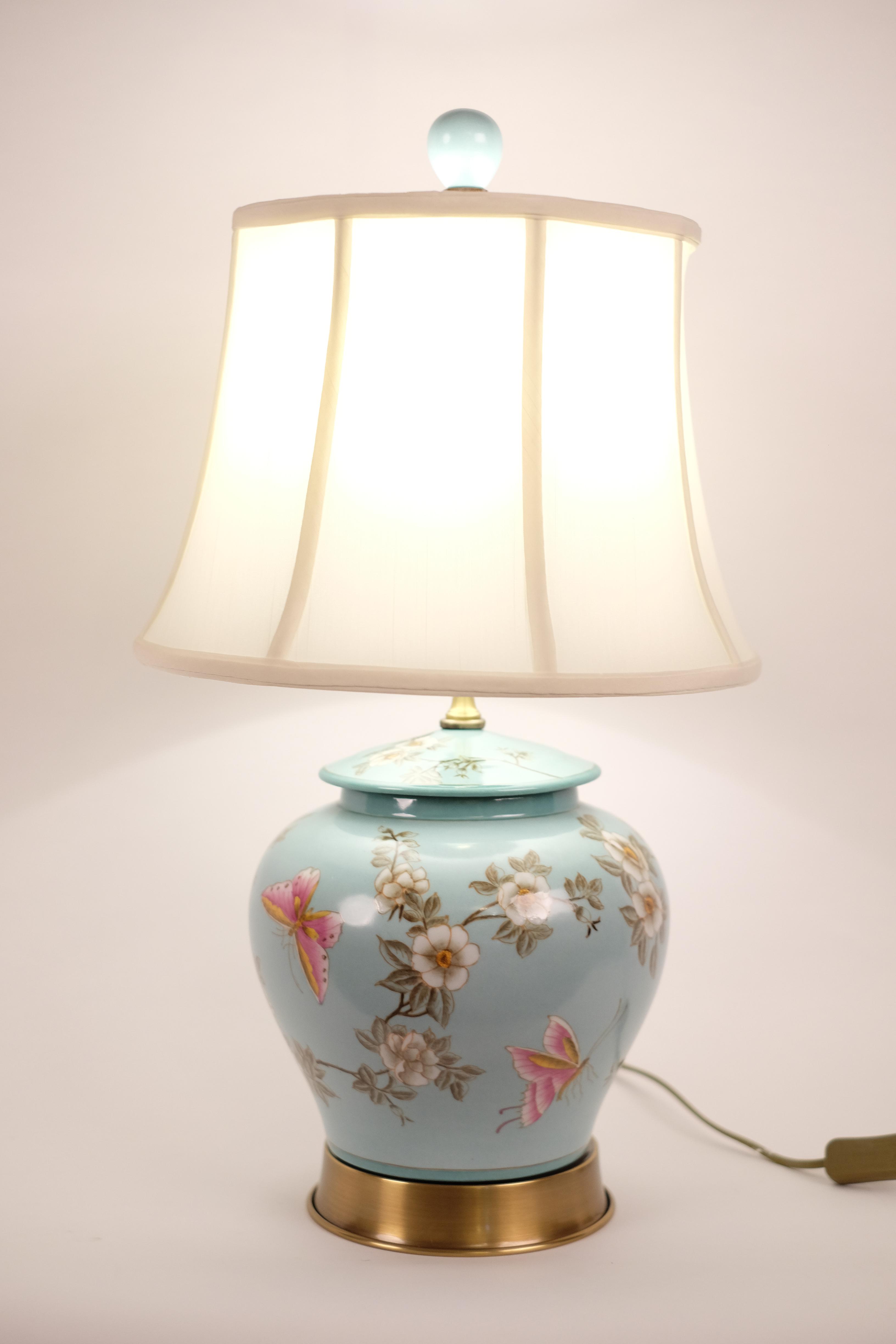 Chinese Porcelain Table Lamp Handpainted Ginger-pot Style Turquoise