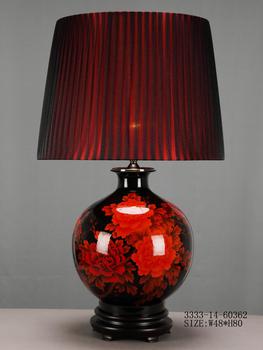 Chinese Porcelain Table Lamp Black with Red Flowers